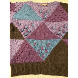 Meritage Patchwork Textured Knit Sweater Women Geometric Bobble Colorblock Cozy